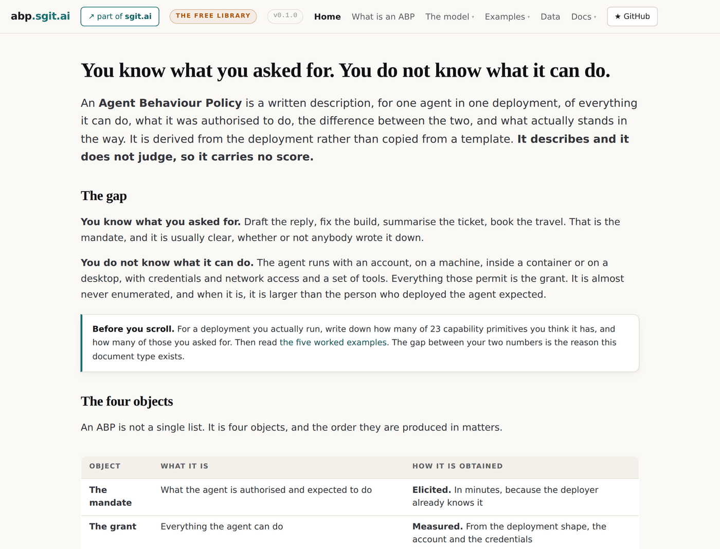 The home page of abp.sgit.ai at v0.1.0, with the thesis line as the heading