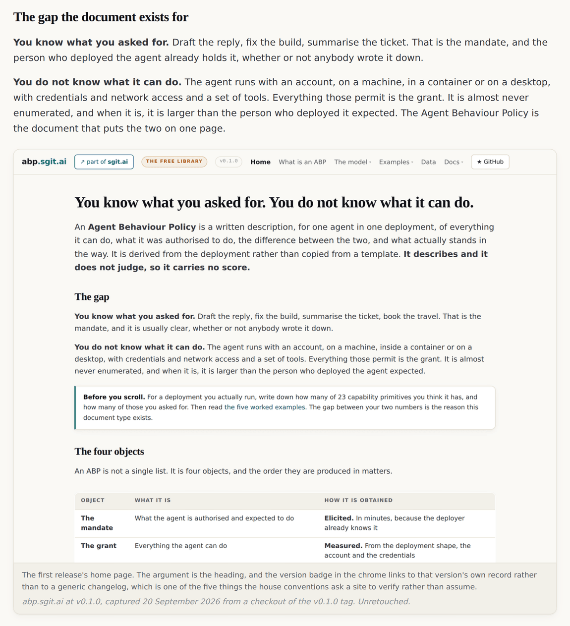An article showing the v0.1.0 home page, with a caption naming the version and the capture date