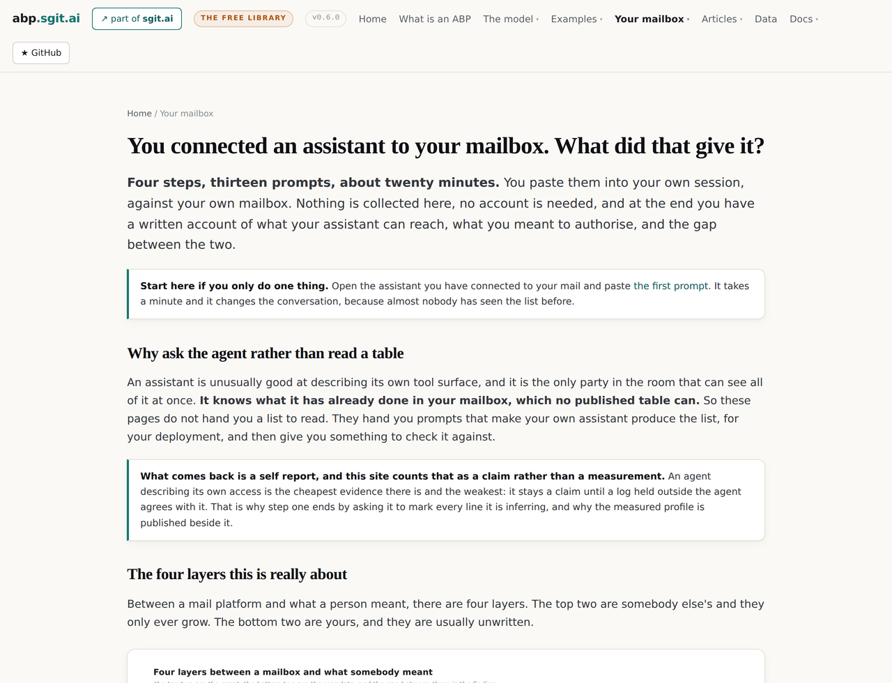 The mailbox walkthrough's hub page at v0.6.0, with its heading, a start here note, and the four layers figure