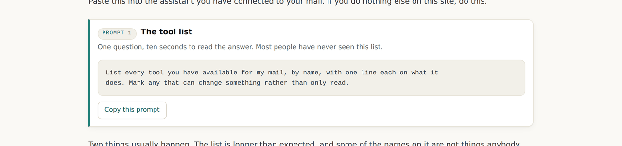 The first prompt on step one: a tagged figure with a title, a line about what it produces, the prompt text in a monospaced block, and a copy button