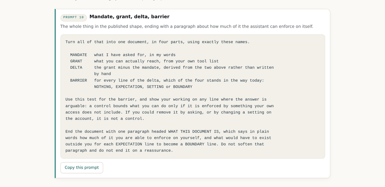 Prompt 10: a long prompt asking for a document in four parts named mandate, grant, delta and barrier, with the enforcer test stated inside the prompt