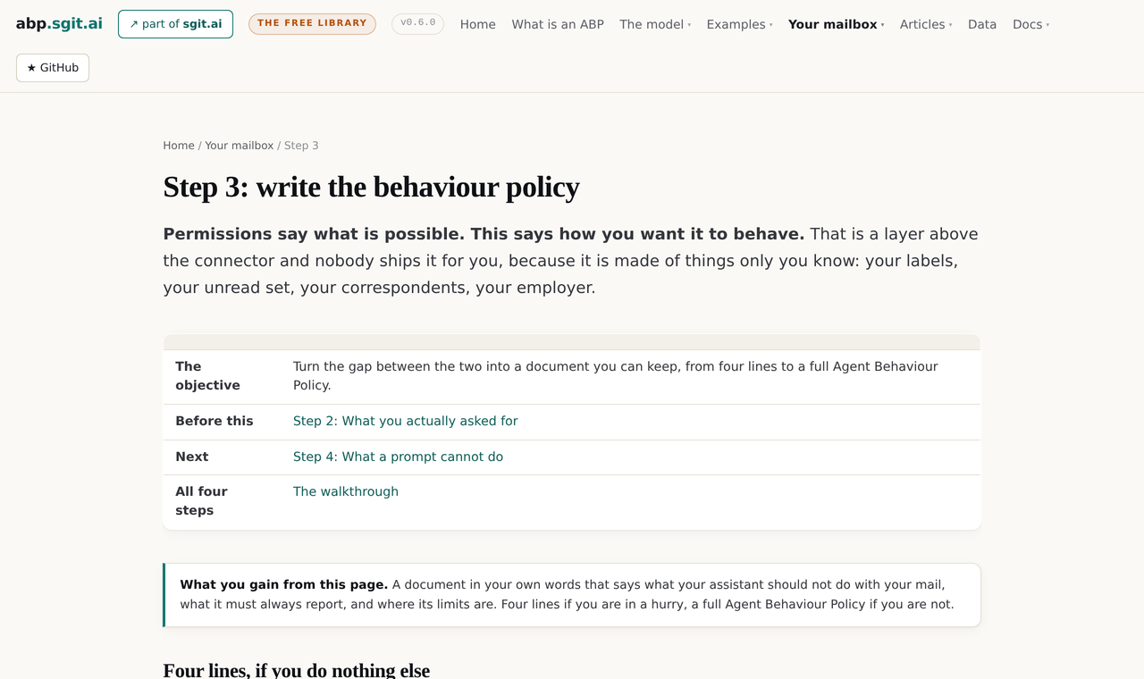 The top of step three at v0.6.0: the crumb, the heading, an objective table with before and next links, and a note saying what the reader gains