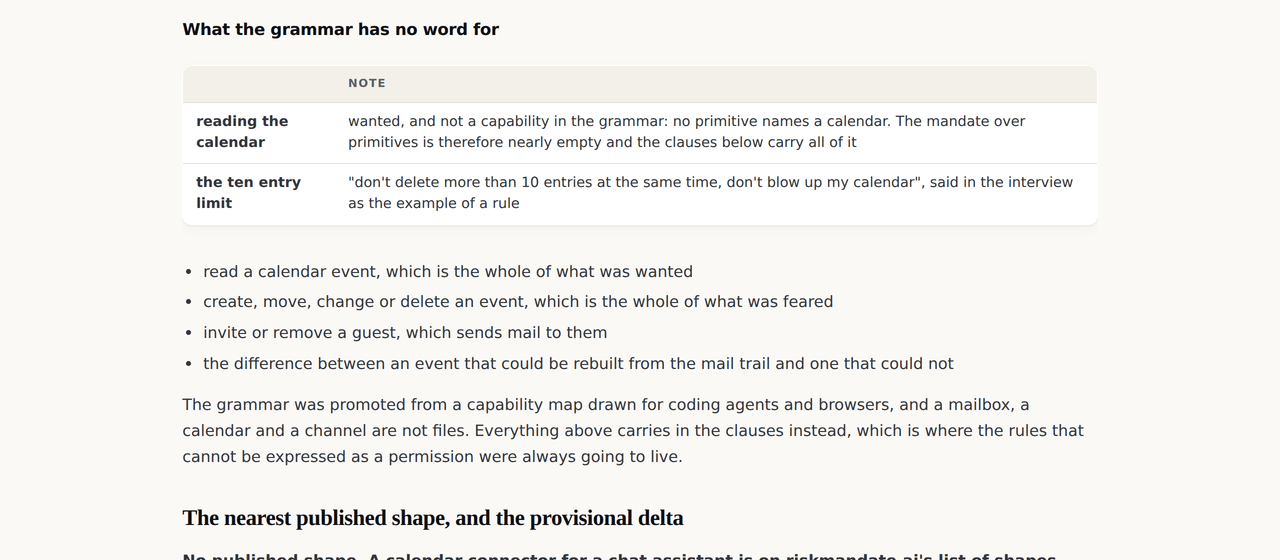 The calendar deployment page listing what the grammar has no word for: reading an event, changing one, inviting a guest, and the rebuildable distinction