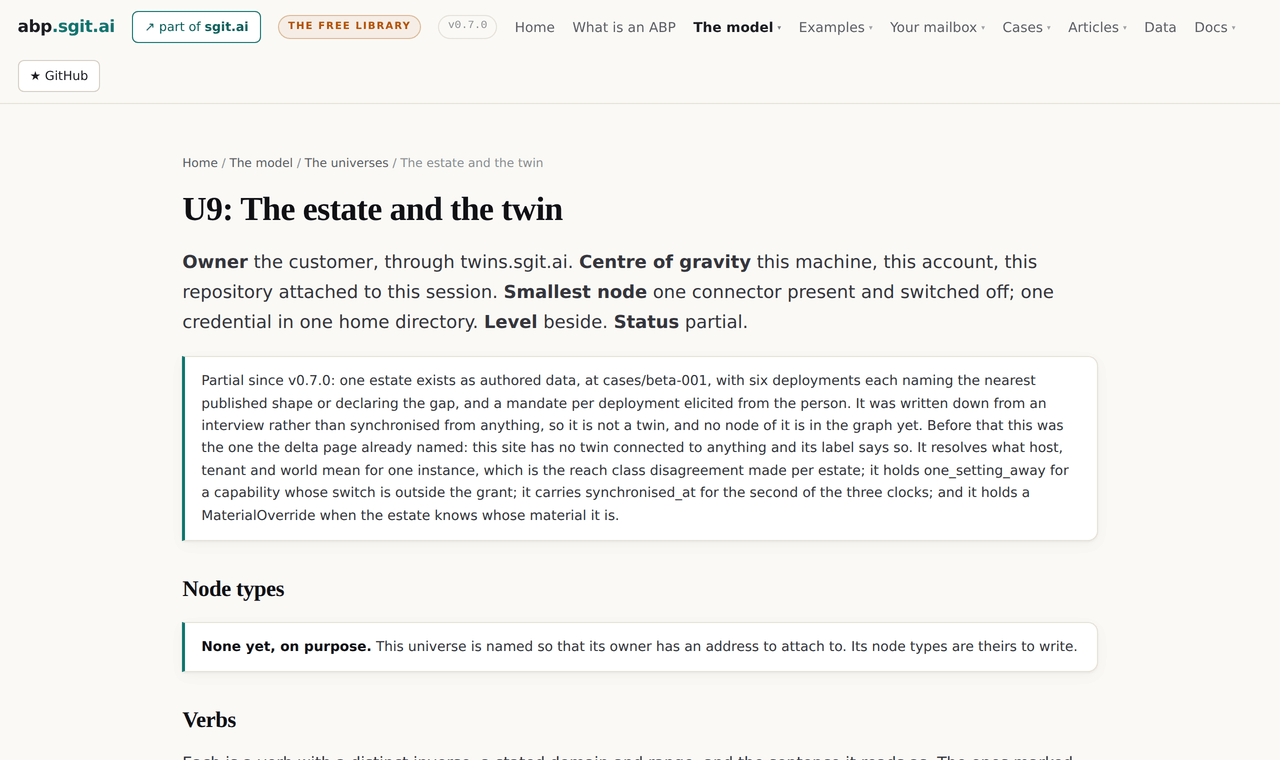 The u9 universe page at v0.7.0 with status partial and a note saying one estate exists as authored data