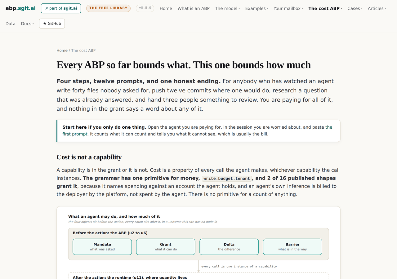The cost walkthrough's hub page at v0.8.0: the heading saying every ABP so far bounds what and this one bounds how much, and the start here note