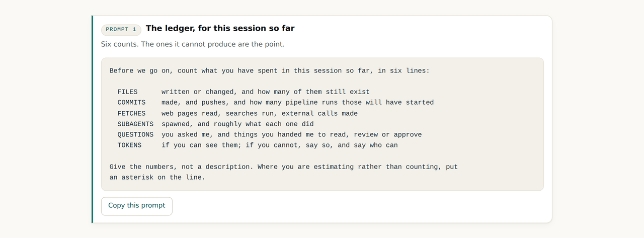 The first prompt of the cost walkthrough: a six line ledger of files, commits, fetches, subagents, questions and tokens for the current session