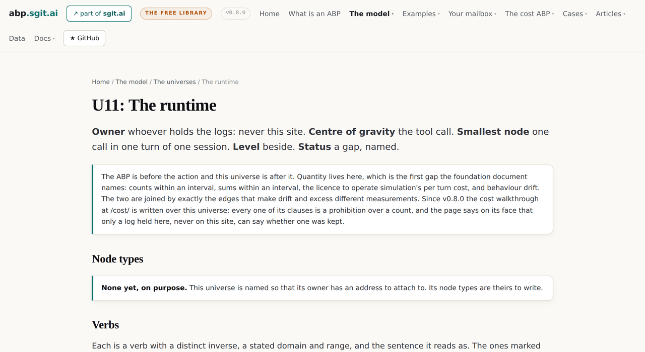 The u11 universe page at v0.8.0, status gap, with the note naming the cost walkthrough