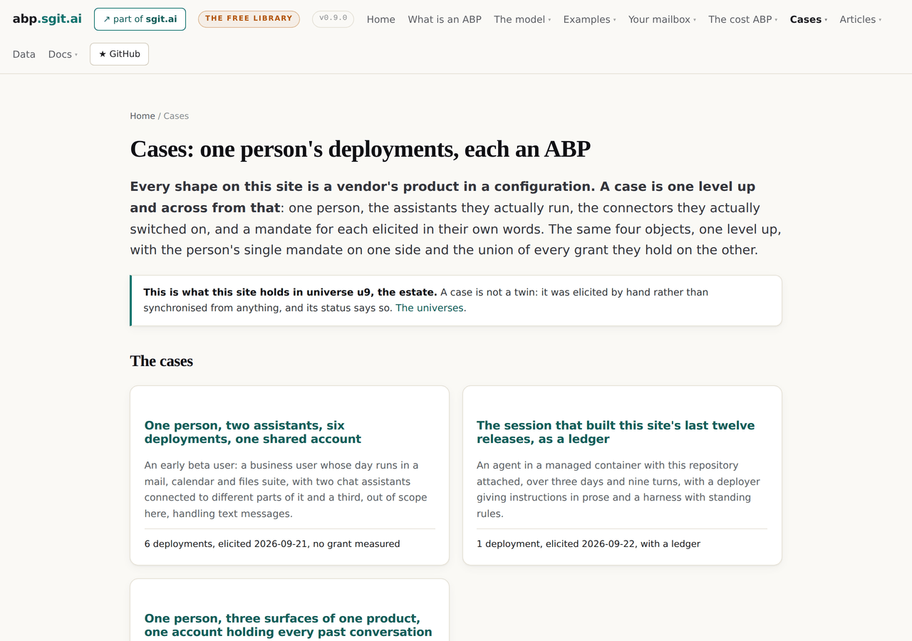 The cases index at v0.9.0 with three cards: the beta user, the site's own session as a ledger, and three surfaces over one record