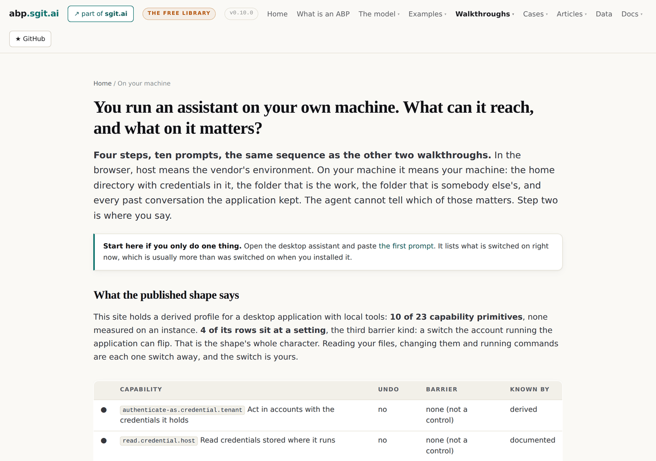 The desktop walkthrough's hub at v0.10.0: the heading asking what an assistant on your own machine can reach and what on it matters