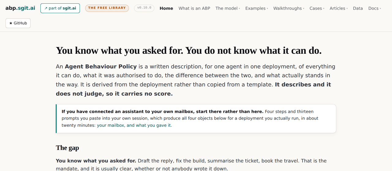 The home page chrome at v0.10.0 with the navigation on one row and a Walkthroughs entry
