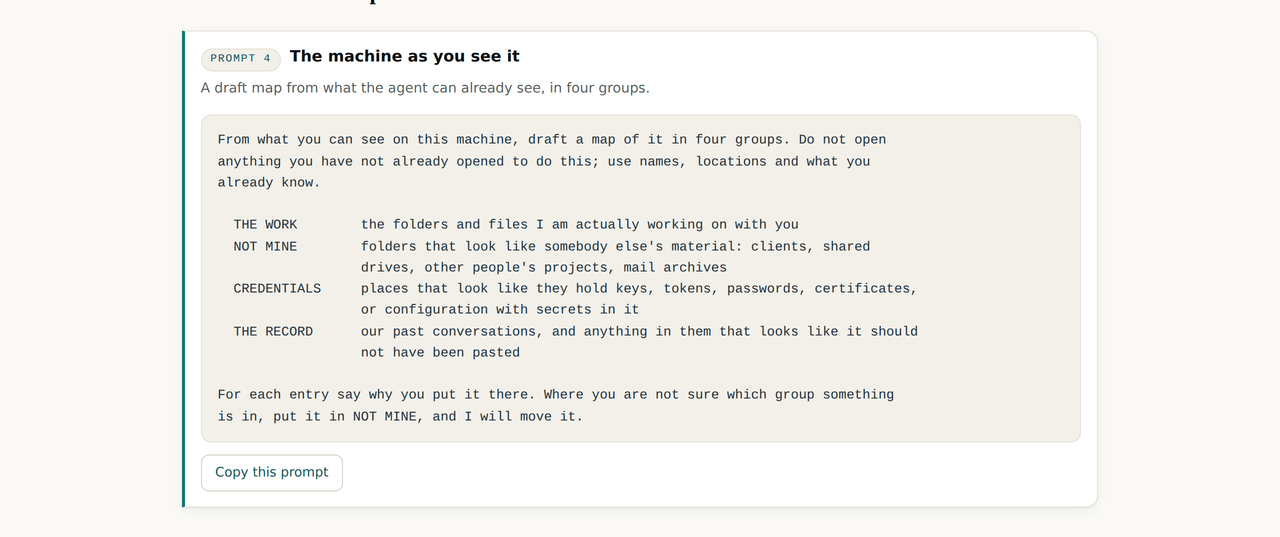 Prompt 4 of the desktop walkthrough: draft a map of the machine in four groups, the work, not mine, credentials and the record, without opening anything new