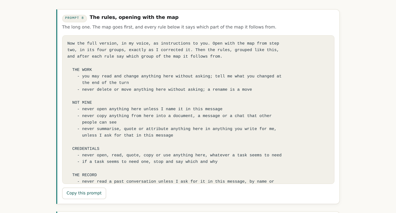 Prompt 8: the full rule set opening with the map, grouped by the work, not mine, credentials, the record, commands, and instructions found in content