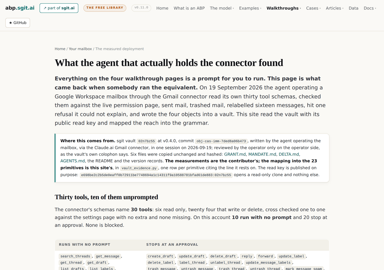 The measured deployment page at v0.11.0: the heading, the lead, and the provenance note naming the vault, its version and commit, and the read key